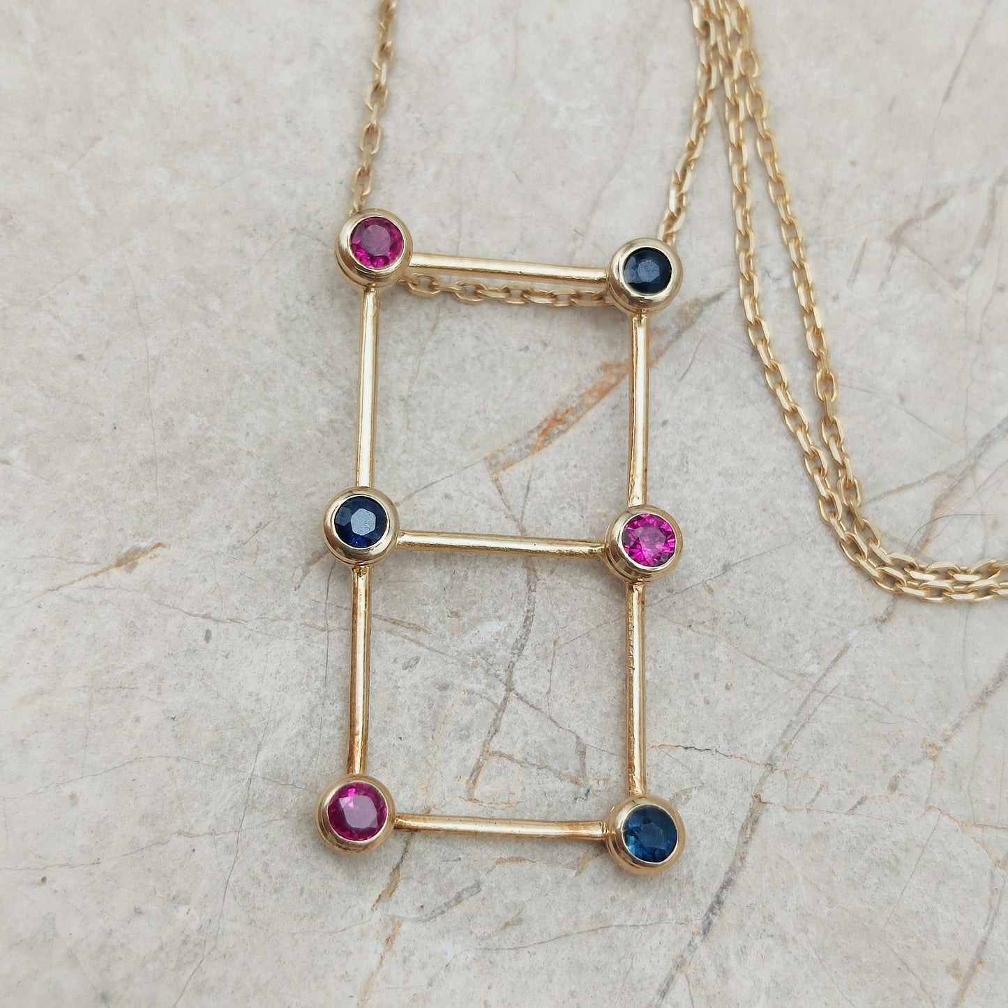 Vintage French Necklace with Rubies and Sapphires in 18 Carat Gold