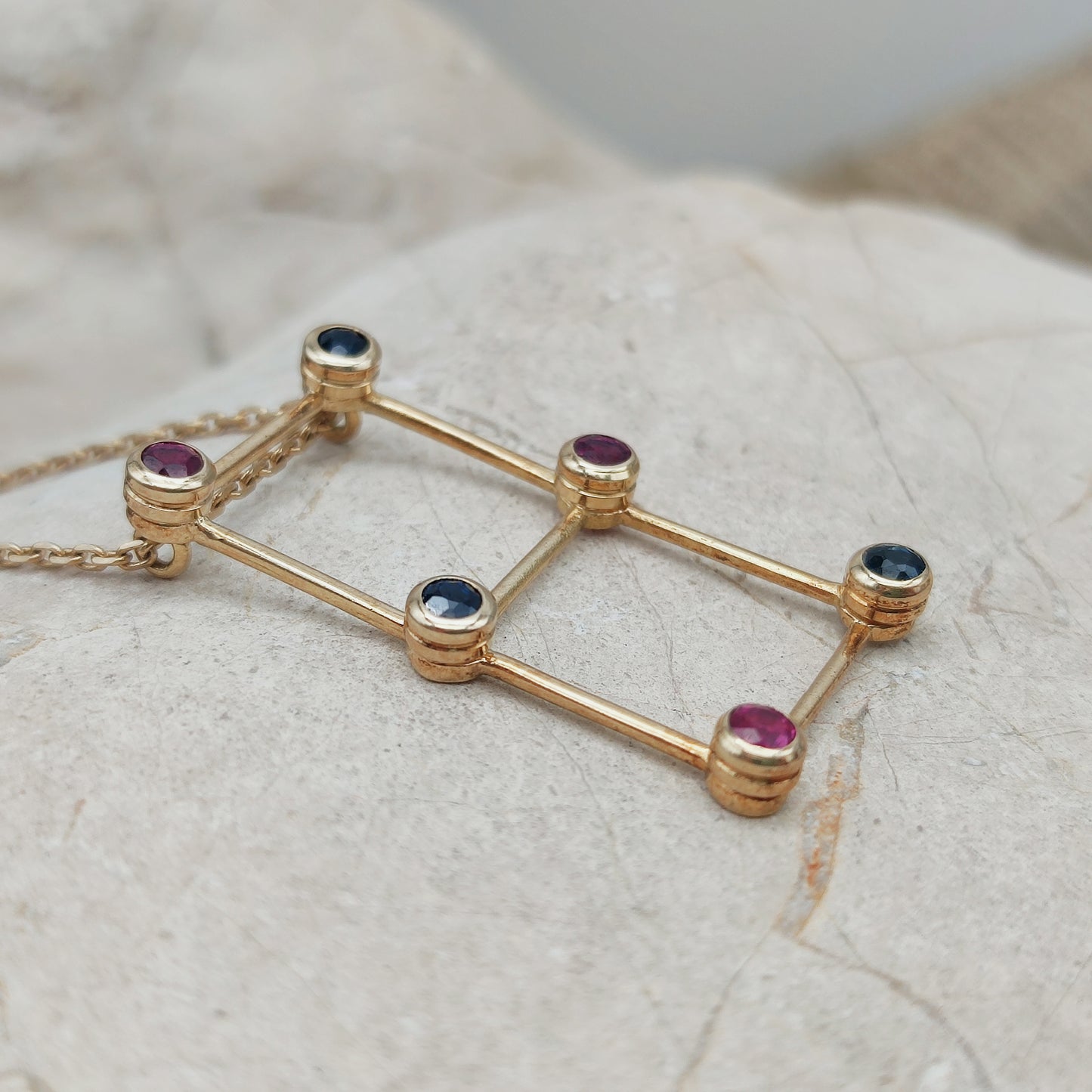 Vintage French Necklace with Rubies and Sapphires in 18 Carat Gold