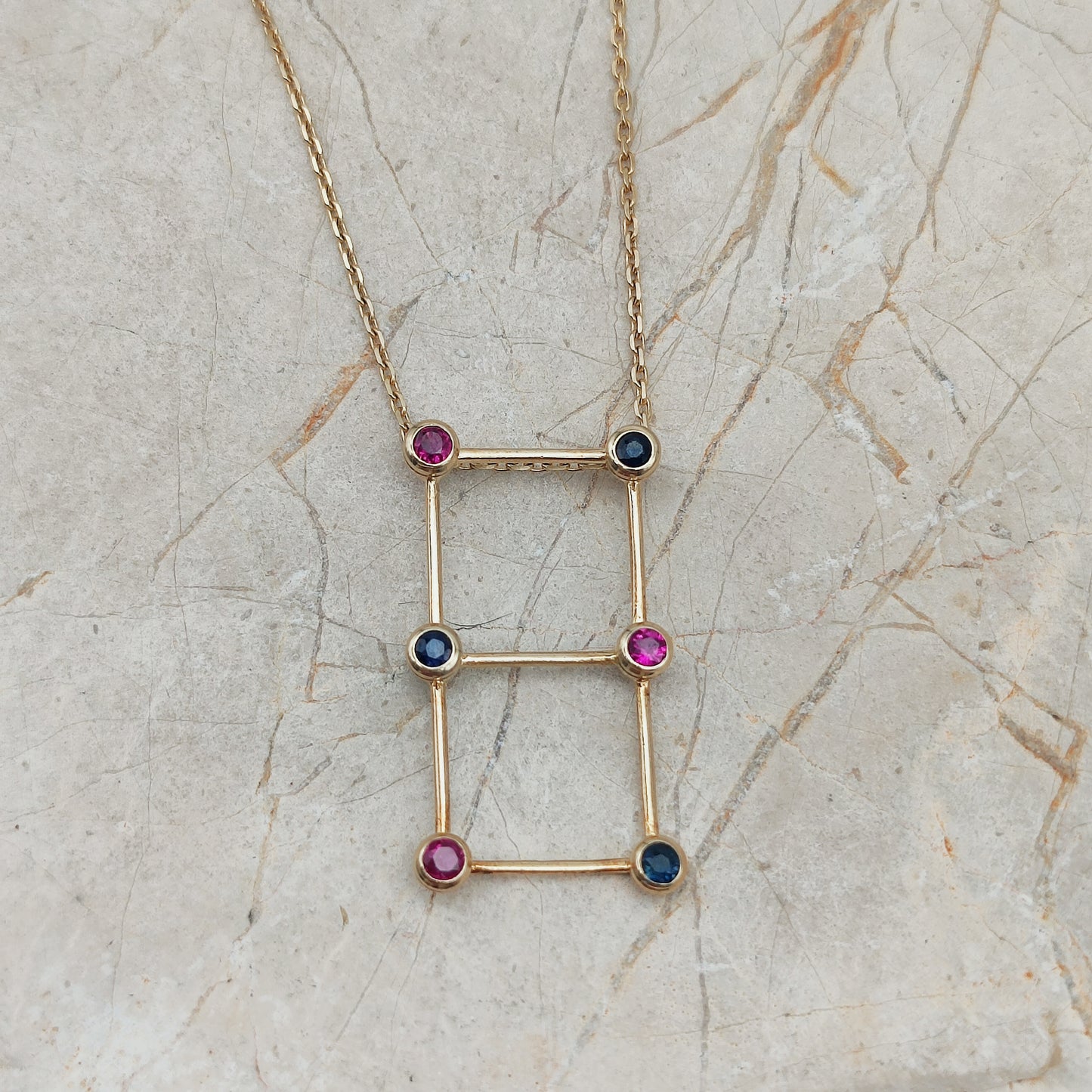 Vintage French Necklace with Rubies and Sapphires in 18 Carat Gold