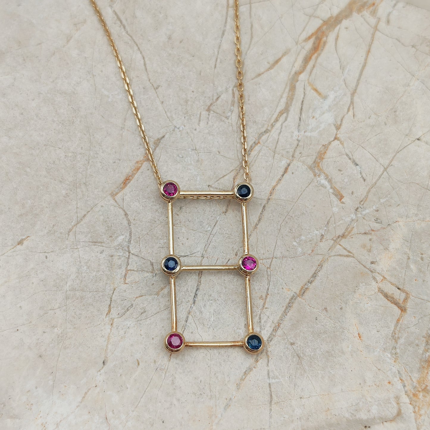 Vintage French Necklace with Rubies and Sapphires in 18 Carat Gold