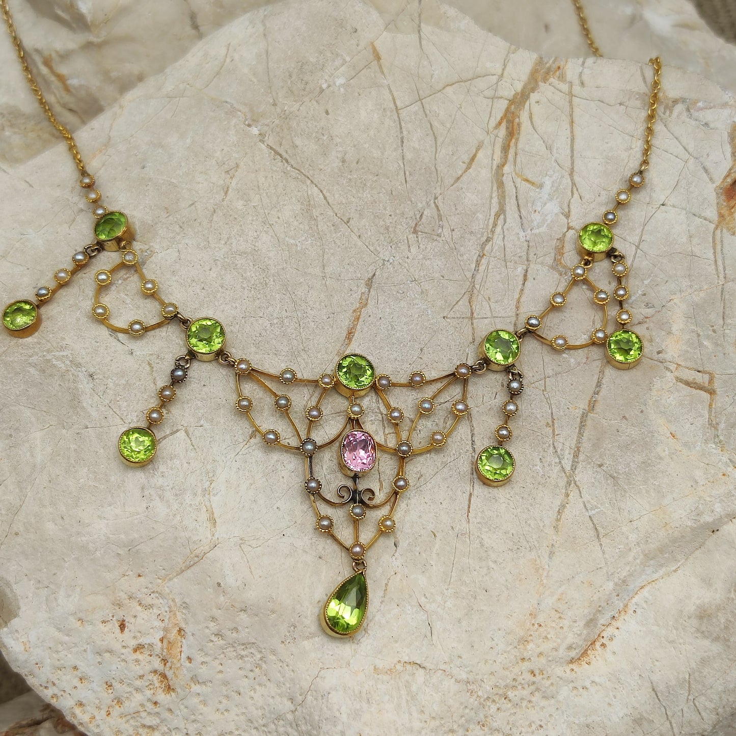 Antique Victorian Lavalier Necklace with Peridot, Topaz and Seed Pearls in 14 & 15 Carat gold
