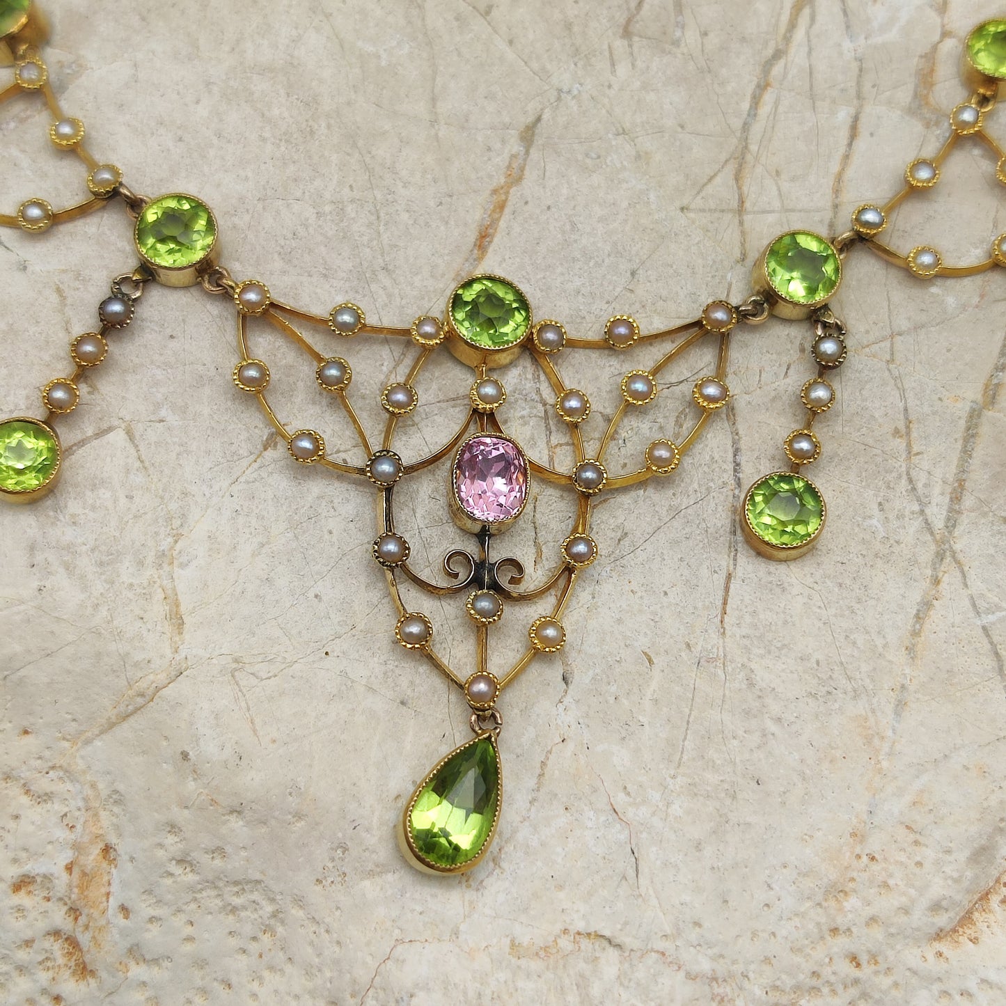 Antique Victorian Lavalier Necklace with Peridot, Topaz and Seed Pearls in 14 & 15 Carat gold