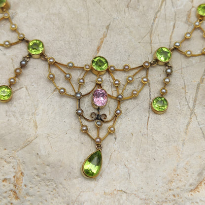 Antique Victorian Lavalier Necklace with Peridot, Topaz and Seed Pearls in 14 & 15 Carat gold