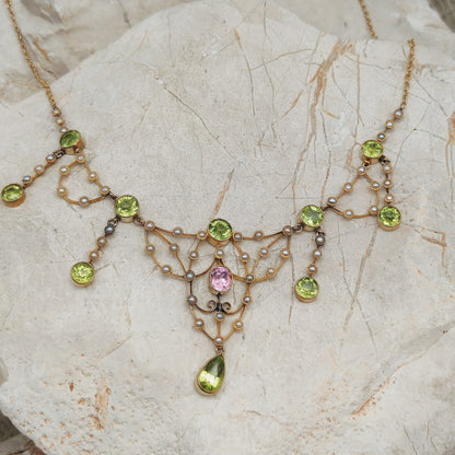 Antique Victorian Lavalier Necklace with Peridot, Topaz and Seed Pearls in 14 & 15 Carat gold
