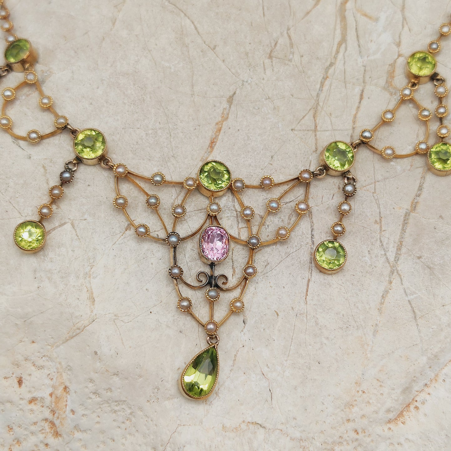 Antique Victorian Lavalier Necklace with Peridot, Topaz and Seed Pearls in 14 & 15 Carat gold