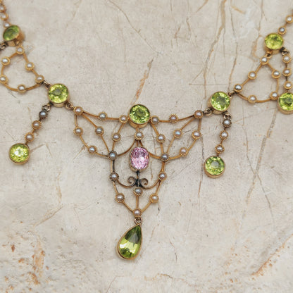 Antique Victorian Lavalier Necklace with Peridot, Topaz and Seed Pearls in 14 & 15 Carat gold