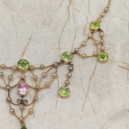Antique Victorian Lavalier Necklace with Peridot, Topaz and Seed Pearls in 14 & 15 Carat gold