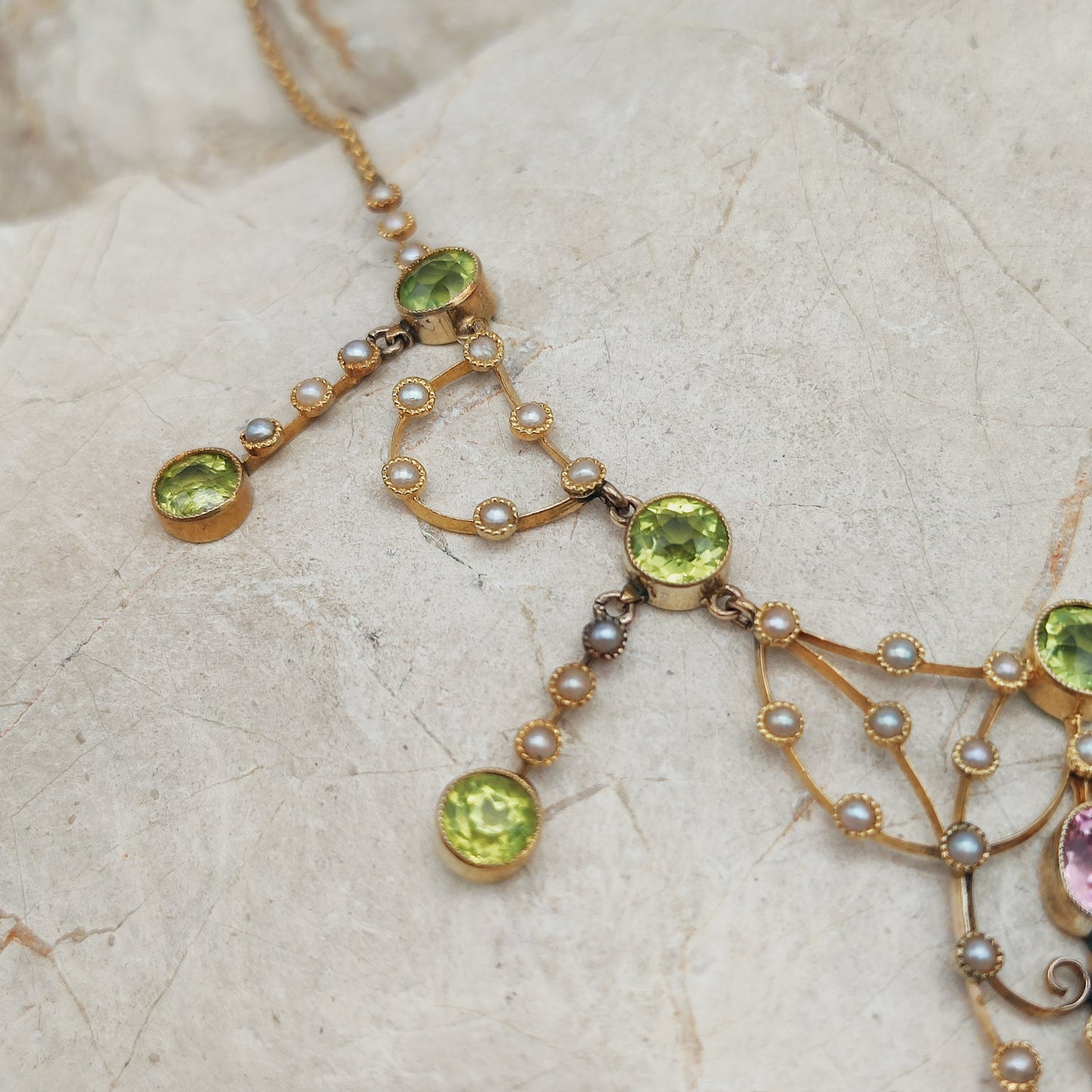 Antique Victorian Lavalier Necklace with Peridot, Topaz and Seed Pearls in 14 & 15 Carat gold