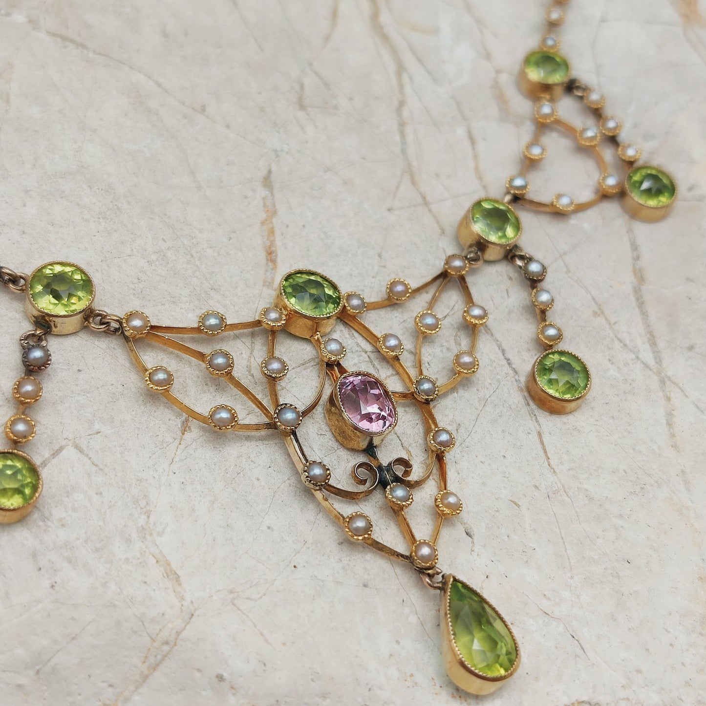 Antique Victorian Lavalier Necklace with Peridot, Topaz and Seed Pearls in 14 & 15 Carat gold