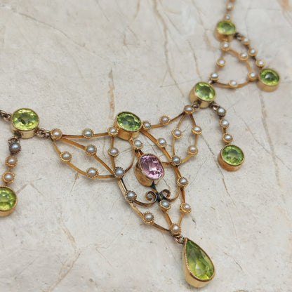 Antique Victorian Lavalier Necklace with Peridot, Topaz and Seed Pearls in 14 & 15 Carat gold