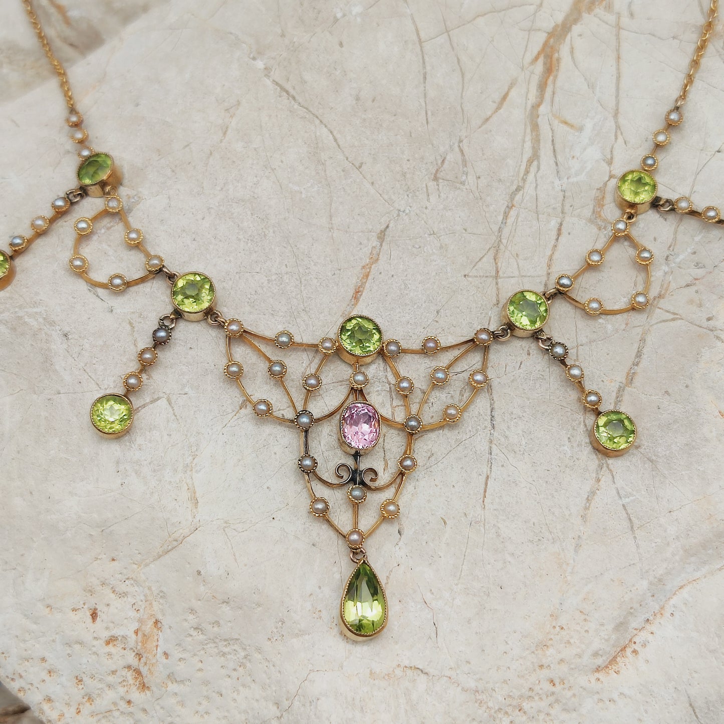 Antique Victorian Lavalier Necklace with Peridot, Topaz and Seed Pearls in 14 & 15 Carat gold