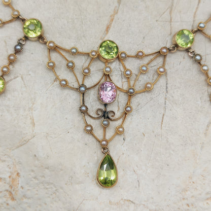 Antique Victorian Lavalier Necklace with Peridot, Topaz and Seed Pearls in 14 & 15 Carat gold