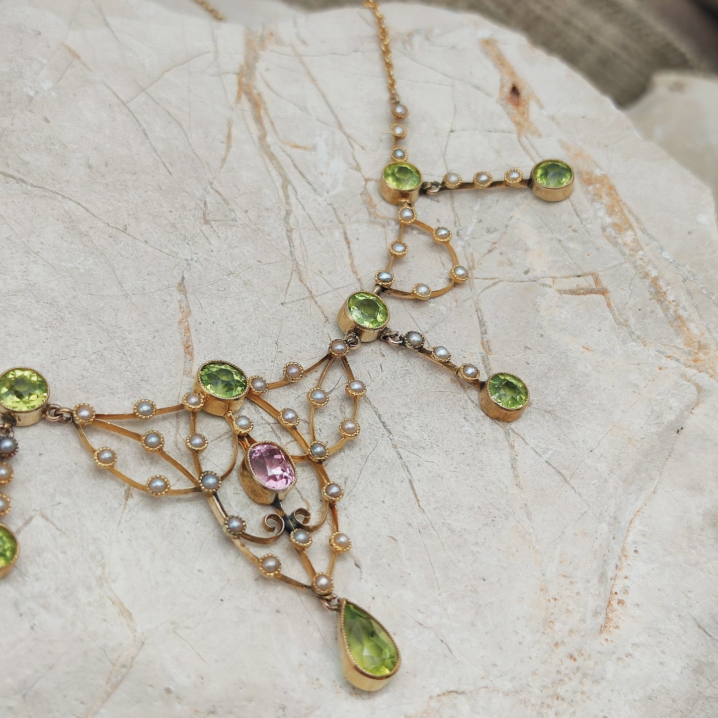 Antique Victorian Lavalier Necklace with Peridot, Topaz and Seed Pearls in 14 & 15 Carat gold