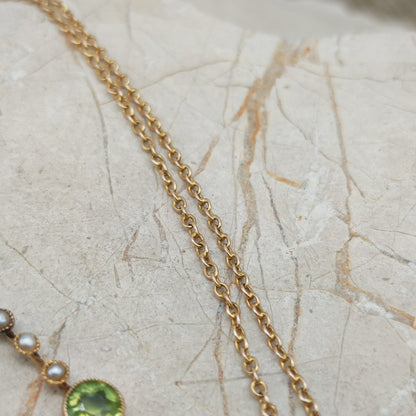 Antique Victorian Lavalier Necklace with Peridot, Topaz and Seed Pearls in 14 & 15 Carat gold