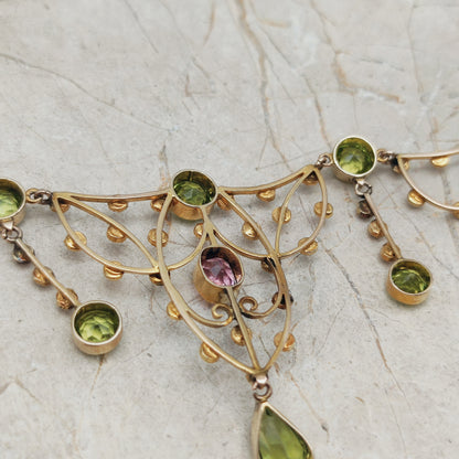 Antique Victorian Lavalier Necklace with Peridot, Topaz and Seed Pearls in 14 & 15 Carat gold