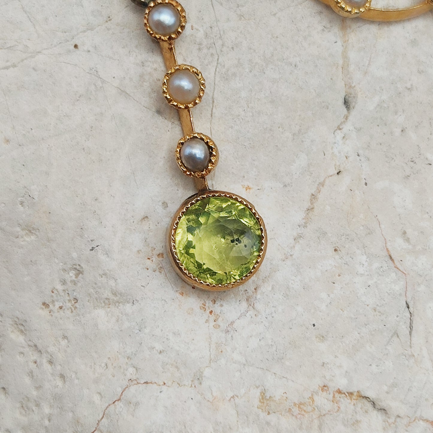 Antique Victorian Lavalier Necklace with Peridot, Topaz and Seed Pearls in 14 & 15 Carat gold
