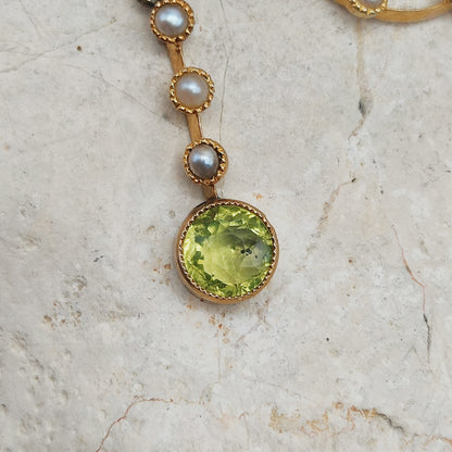 Antique Victorian Lavalier Necklace with Peridot, Topaz and Seed Pearls in 14 & 15 Carat gold