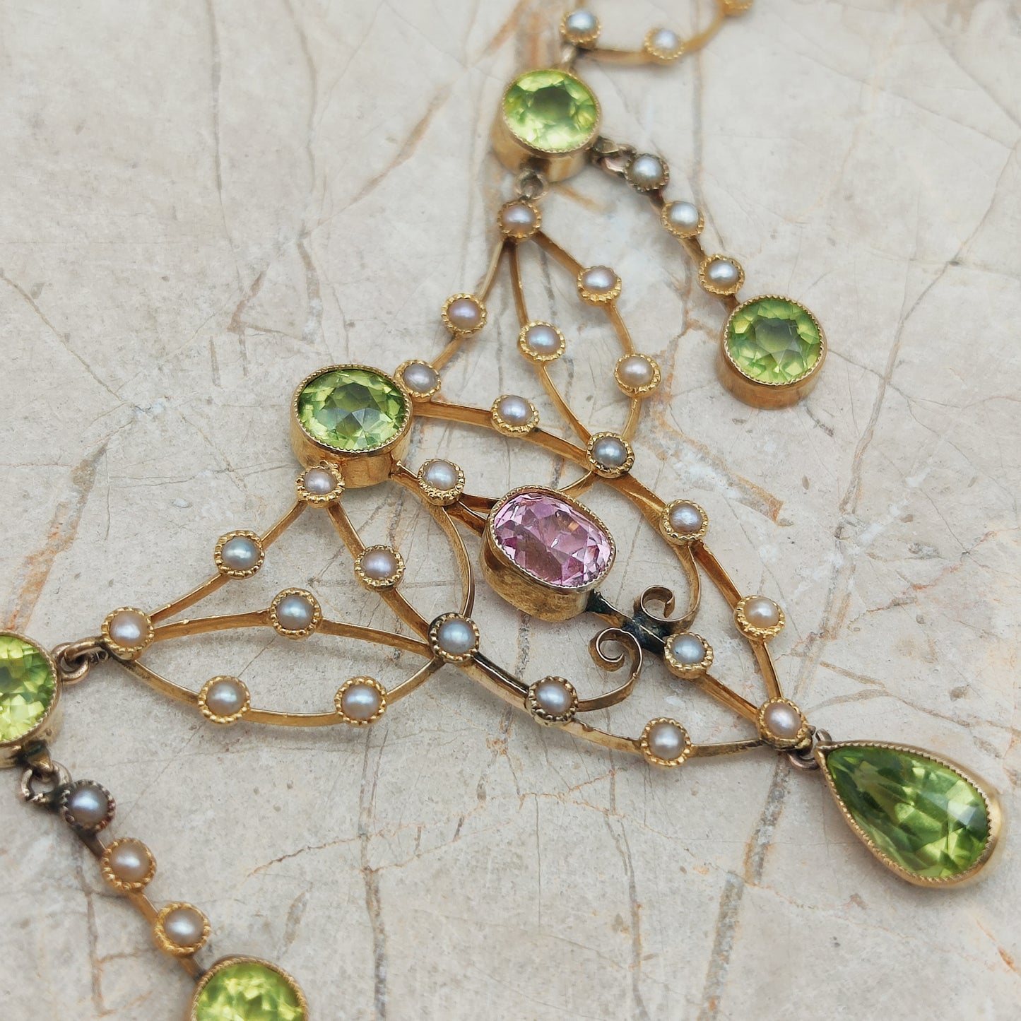 Antique Victorian Lavalier Necklace with Peridot, Topaz and Seed Pearls in 14 & 15 Carat gold