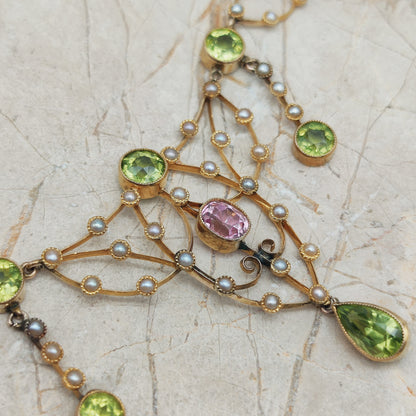Antique Victorian Lavalier Necklace with Peridot, Topaz and Seed Pearls in 14 & 15 Carat gold