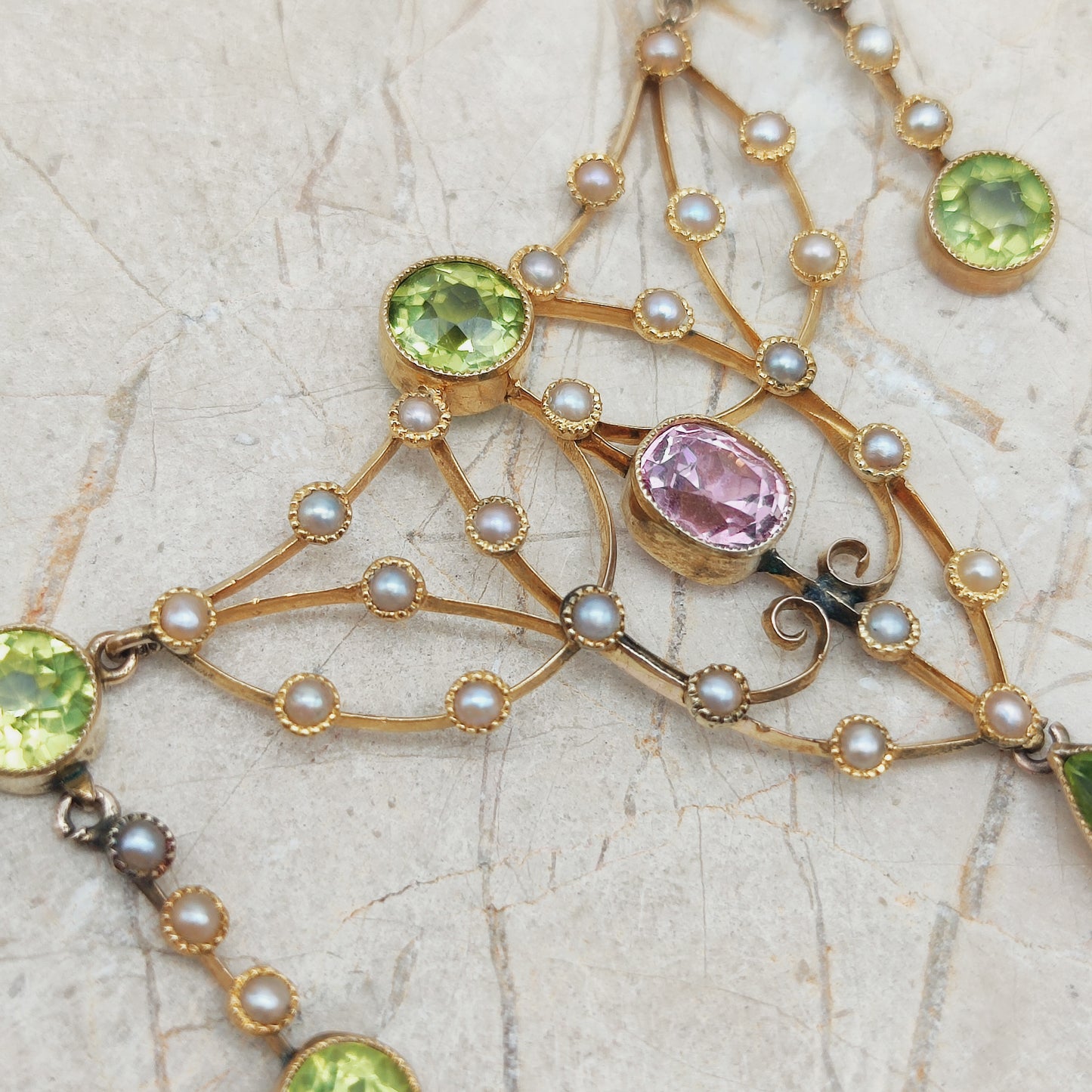 Antique Victorian Lavalier Necklace with Peridot, Topaz and Seed Pearls in 14 & 15 Carat gold