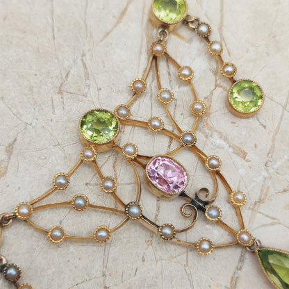 Antique Victorian Lavalier Necklace with Peridot, Topaz and Seed Pearls in 14 & 15 Carat gold