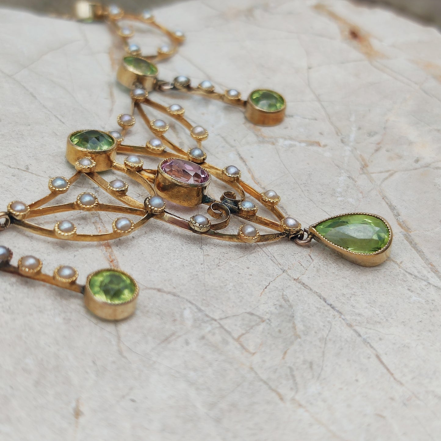 Antique Victorian Lavalier Necklace with Peridot, Topaz and Seed Pearls in 14 & 15 Carat gold