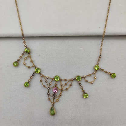 Antique Victorian Lavalier Necklace with Peridot, Topaz and Seed Pearls in 14 & 15 Carat gold