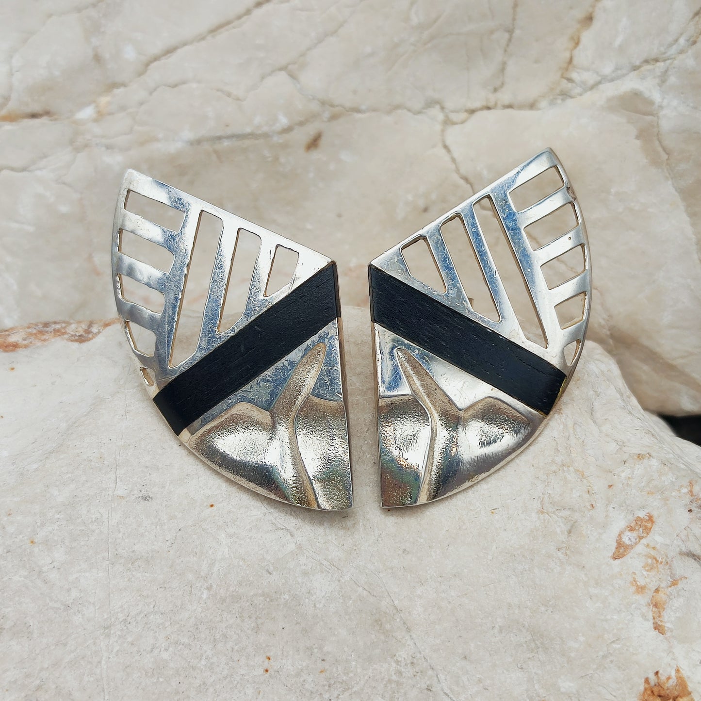 Lapponia Zanzibar Sterling Silver and Ebony Earrings by Zoltan Popovits, 1989
