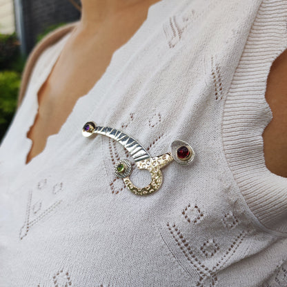Abstract Sterling Silver & 14ct Gold Gemstone Brooch