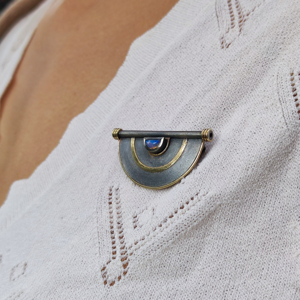Geometric Oxidised Silver, 14ct Gold & Opal Brooch