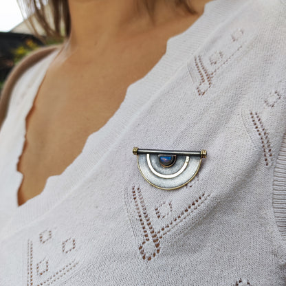 Geometric Oxidised Silver, 14ct Gold & Opal Brooch