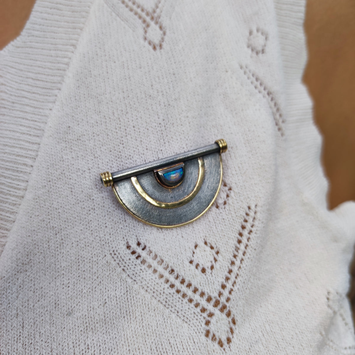 Geometric Oxidised Silver, 14ct Gold & Opal Brooch
