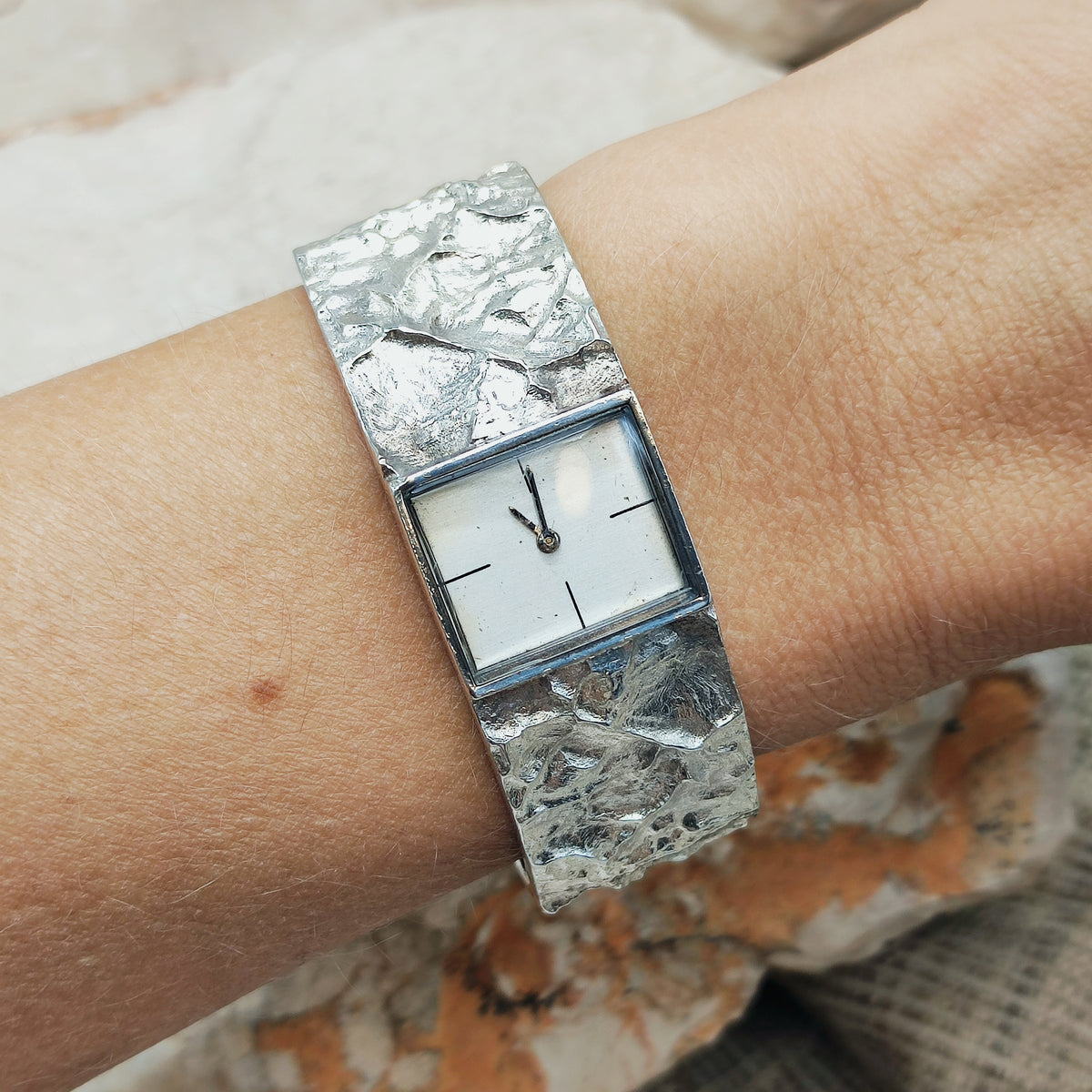 Brutalist Sterling Silver Bracelet Watch by Matti J. Hyvärinen for Sirokoru 1975