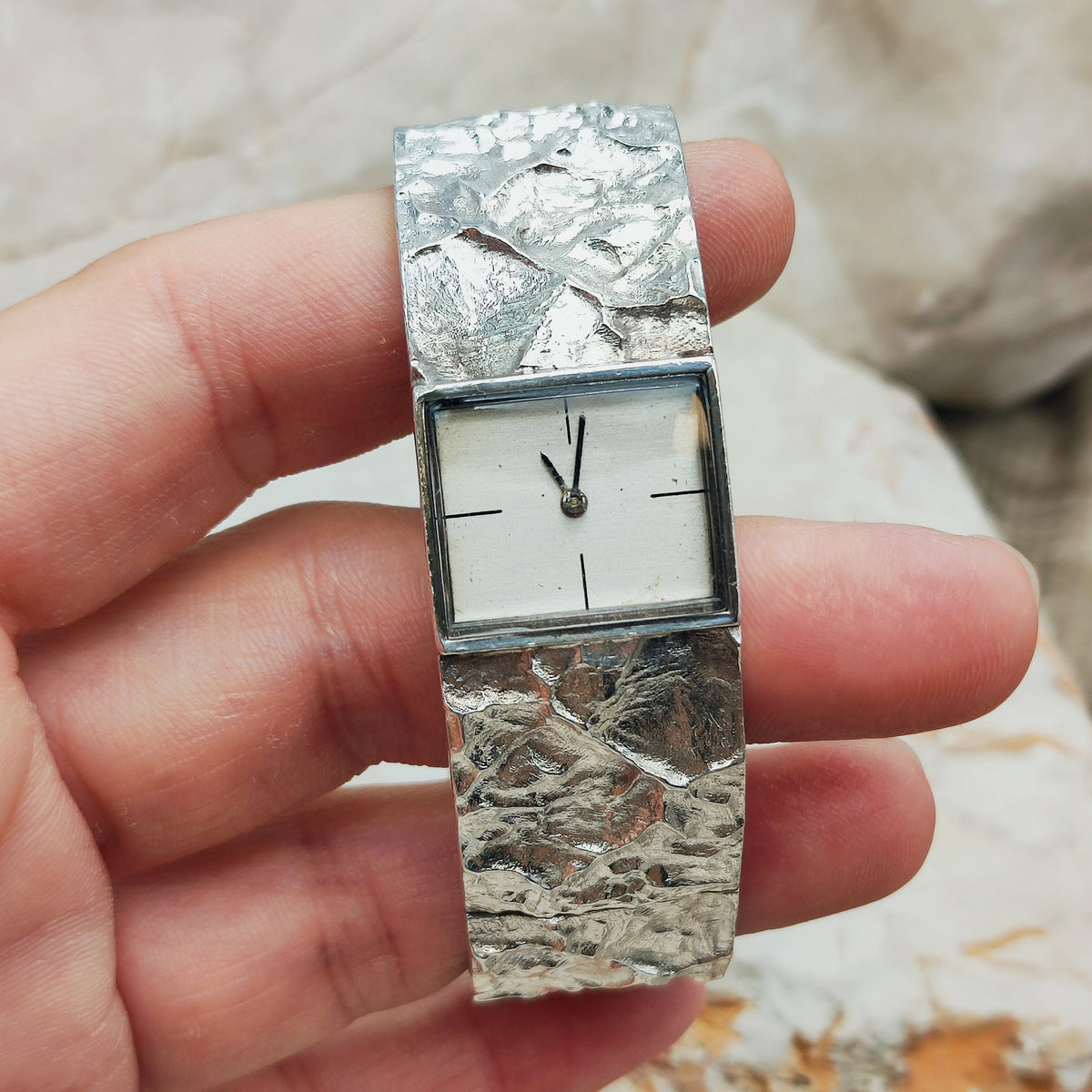 Brutalist Sterling Silver Bracelet Watch by Matti J. Hyvärinen for Sirokoru 1975