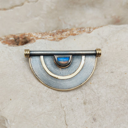 Geometric Oxidised Silver, 14ct Gold & Opal Brooch