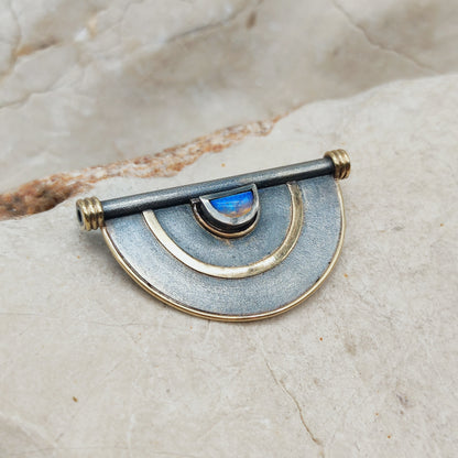 Geometric Oxidised Silver, 14ct Gold & Opal Brooch