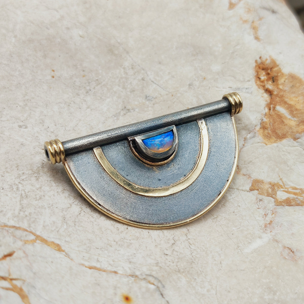 Geometric Oxidised Silver, 14ct Gold & Opal Brooch
