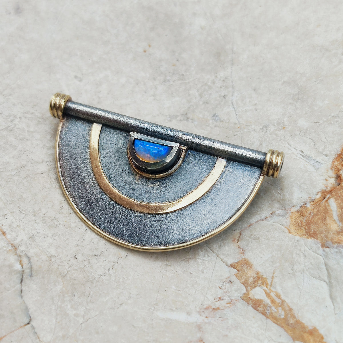 Geometric Oxidised Silver, 14ct Gold & Opal Brooch