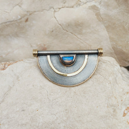 Geometric Oxidised Silver, 14ct Gold & Opal Brooch