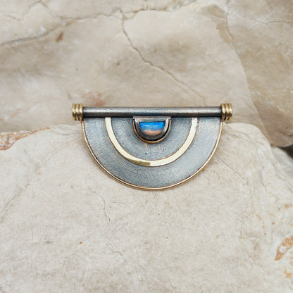 Geometric Oxidised Silver, 14ct Gold & Opal Brooch