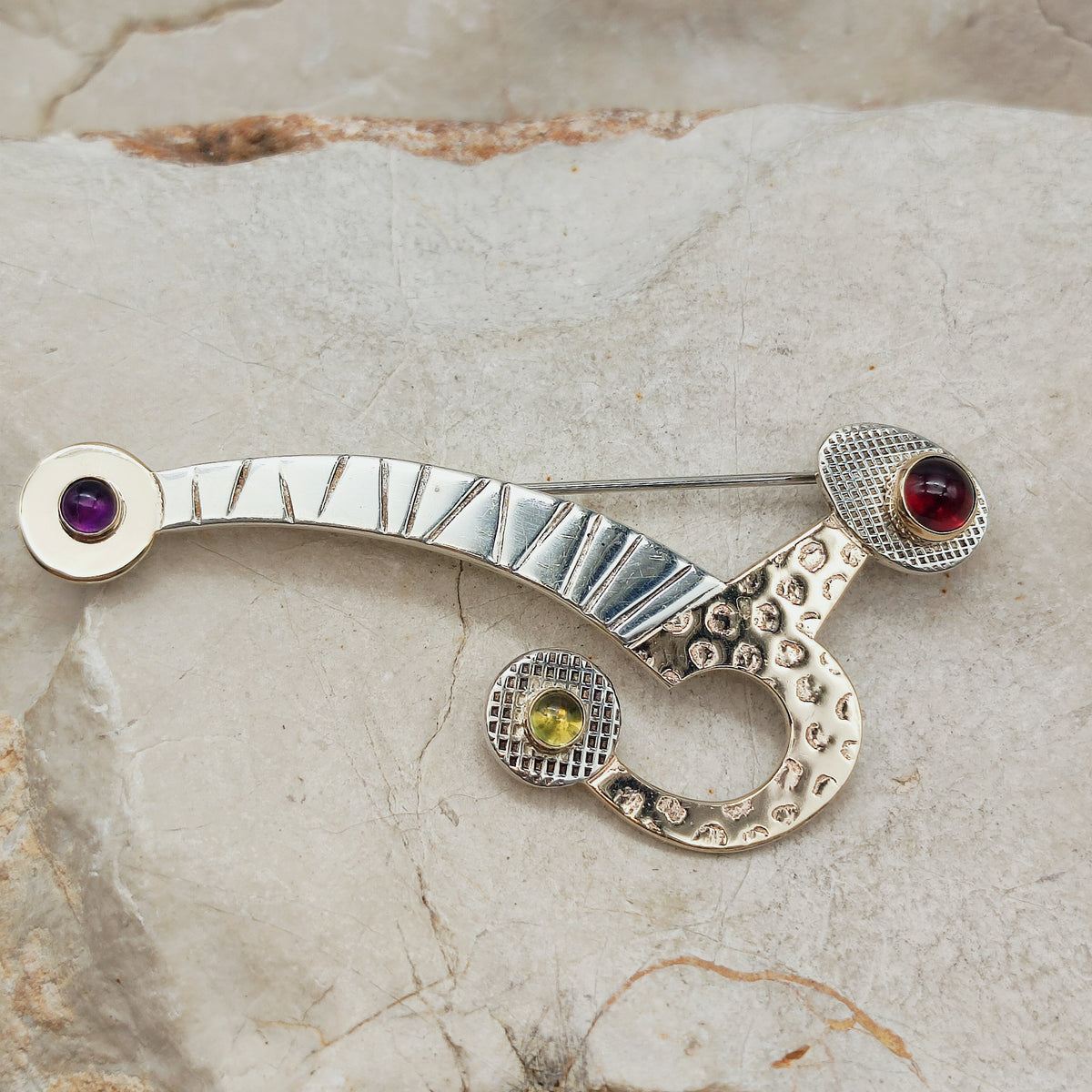 Abstract Sterling Silver & 14ct Gold Gemstone Brooch
