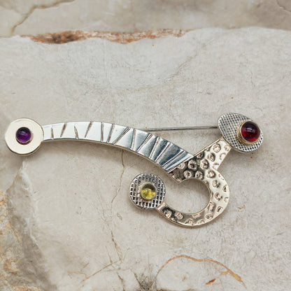 Abstract Sterling Silver & 14ct Gold Gemstone Brooch