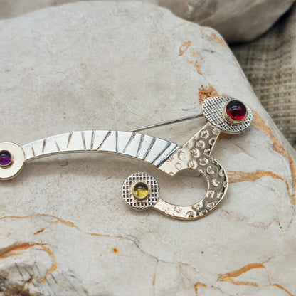 Abstract Sterling Silver & 14ct Gold Gemstone Brooch