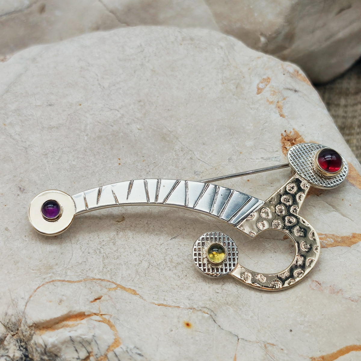Abstract Sterling Silver & 14ct Gold Gemstone Brooch
