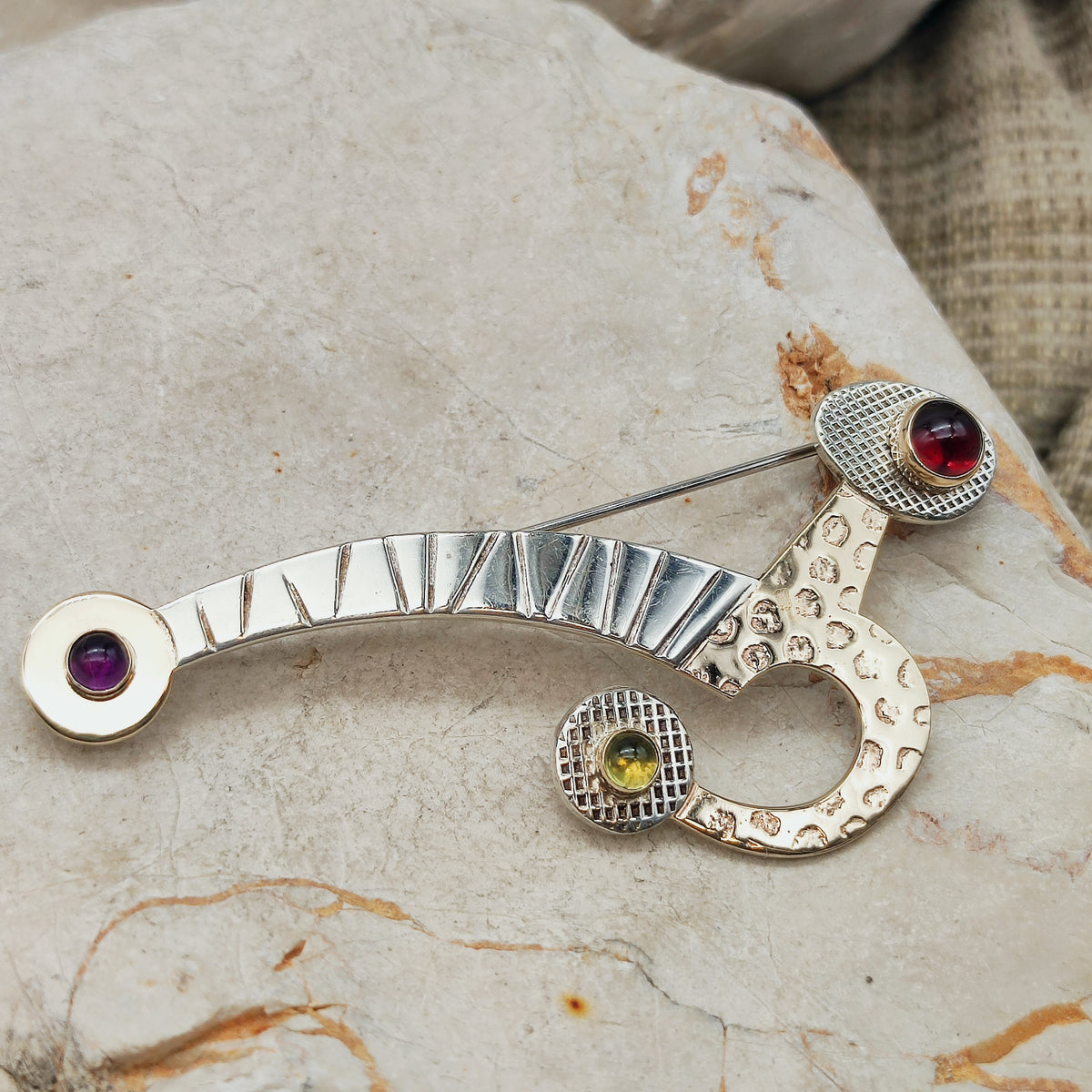 Abstract Sterling Silver & 14ct Gold Gemstone Brooch