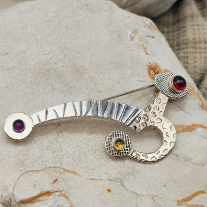 Abstract Sterling Silver & 14ct Gold Gemstone Brooch