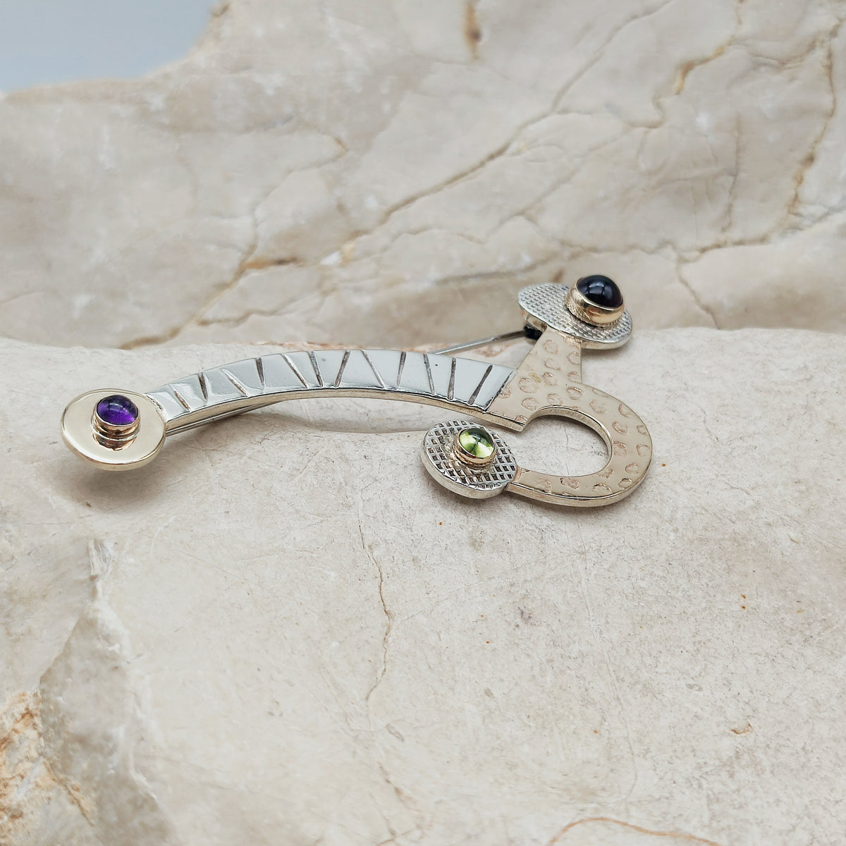 Abstract Sterling Silver & 14ct Gold Gemstone Brooch