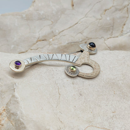 Abstract Sterling Silver & 14ct Gold Gemstone Brooch