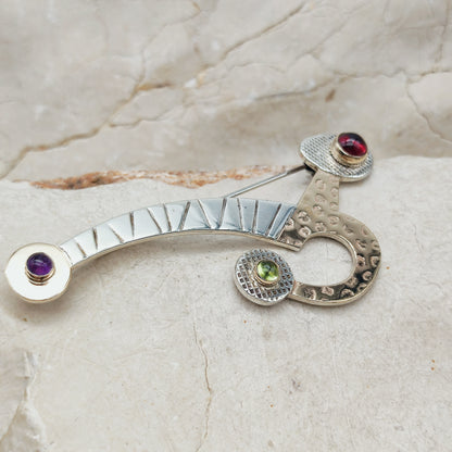 Abstract Sterling Silver & 14ct Gold Gemstone Brooch