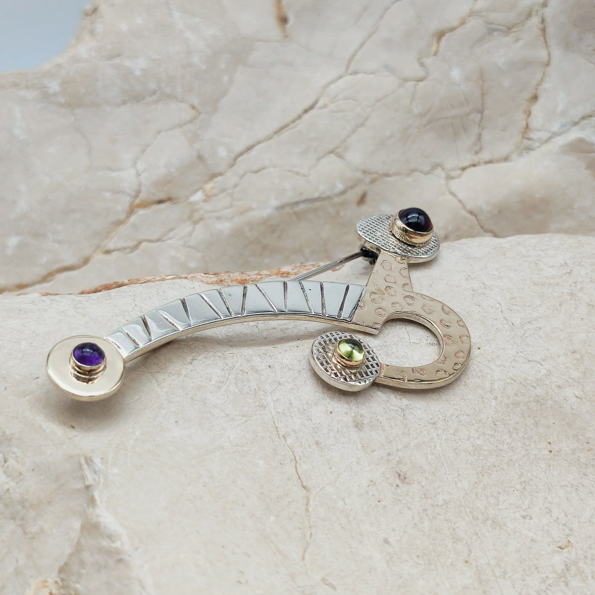 Abstract Sterling Silver & 14ct Gold Gemstone Brooch